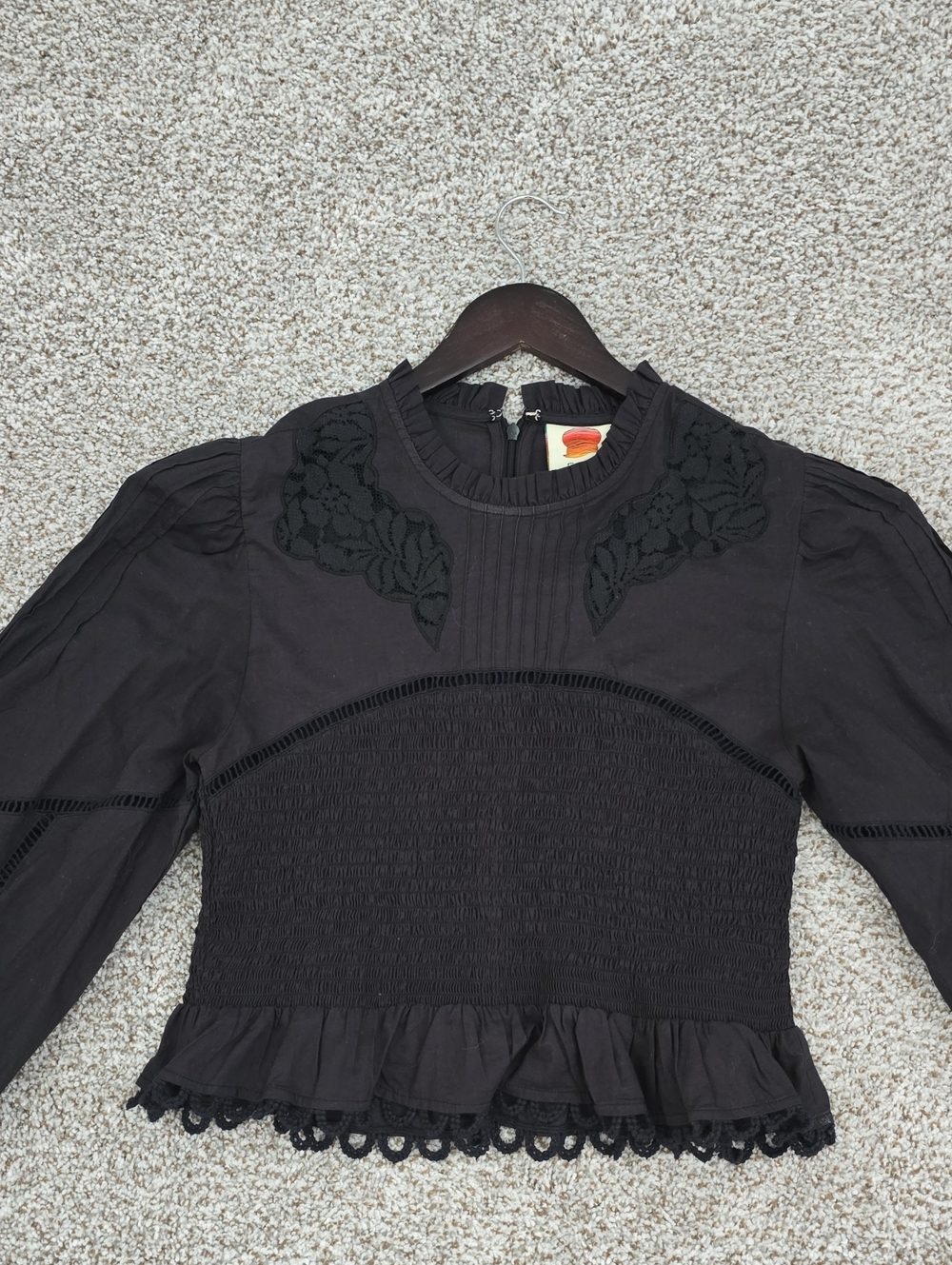 FARM Rio Black Lace-Trim Smocked Peplum Blouse